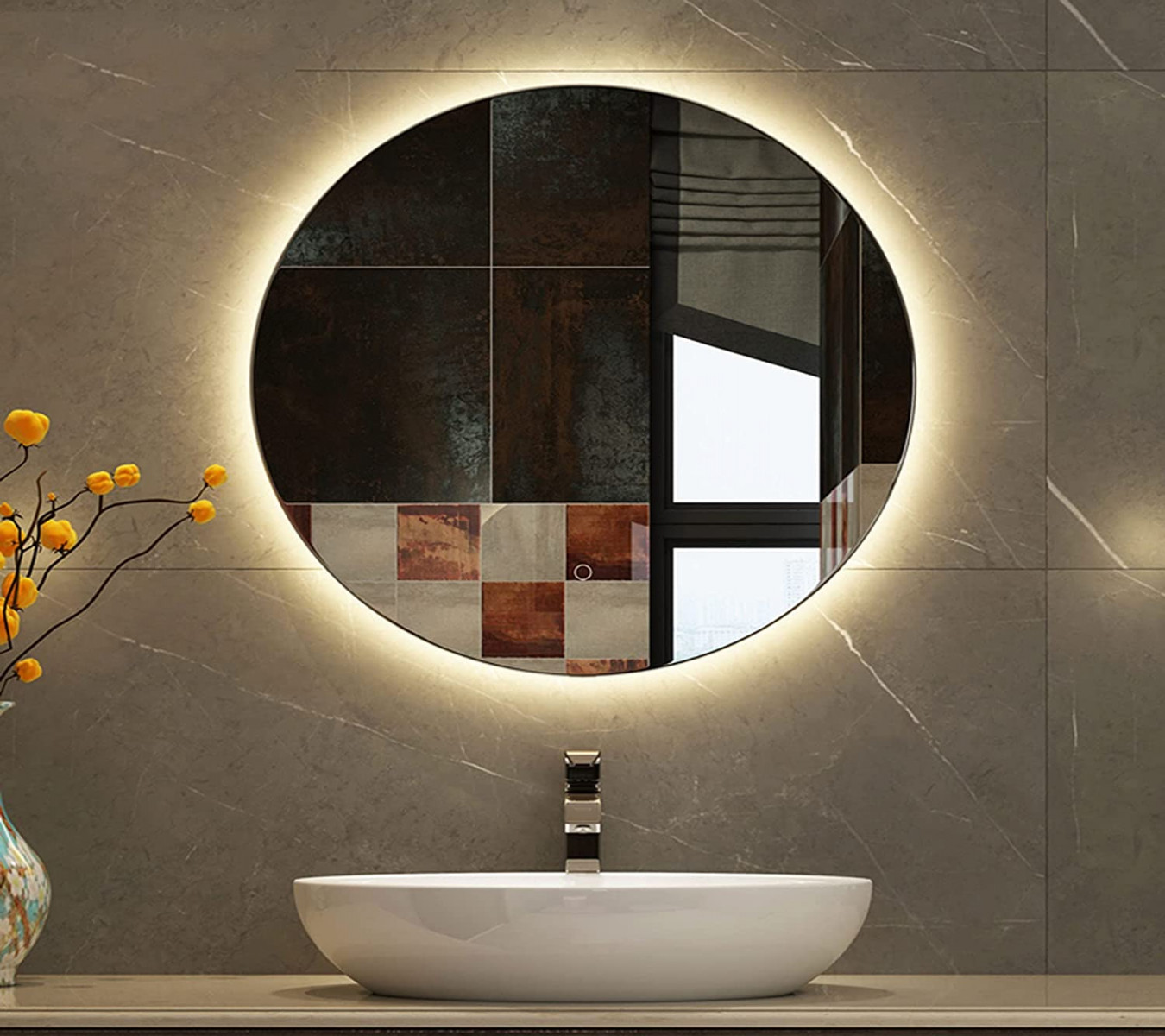 L&ED Large Round Backlit Mirror Illuminated LED Bathroom Mirror with Light,  Wall Mounted Cosmetic Mirror, Makeup Shaving IPA+++ (///cm)
