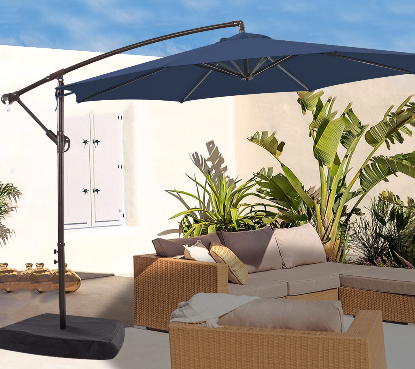 LE CONTE ft Patio Umbrella with Base Included, Outdoor Offset Cantilever  Umbrella with Fade Resistant POLYESTER DTY Canopy Infinite Tilt, Crank &