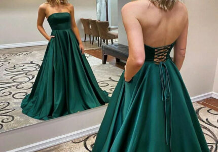 Long Satin Green Prom Dresses with Pockets Strapless Maxi Corset Back  Formal Evening Homecoming Party Gowns