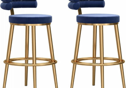 Lsoiup Velvet Bar Stools Set of  Backless Kitchen Counter Height Bar  Stools with Gold Footrest Padded Dining Chair Stylish Elegant Backing  Blue-#