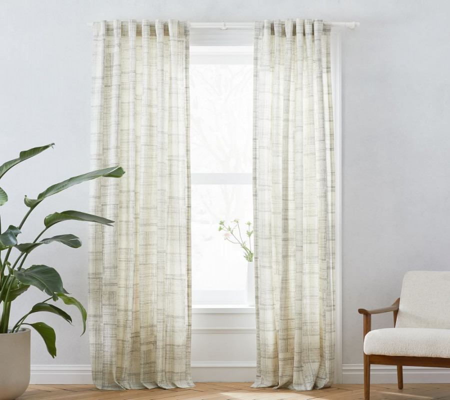 Mid-Century Cotton Canvas Etched Grid Curtains (Set of ) - Slate