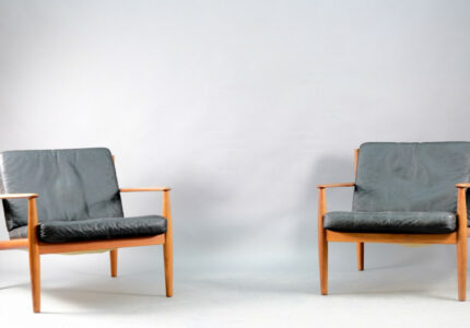 Mid-Century Danish Teak and Black Leather Lounge Chairs by Grete