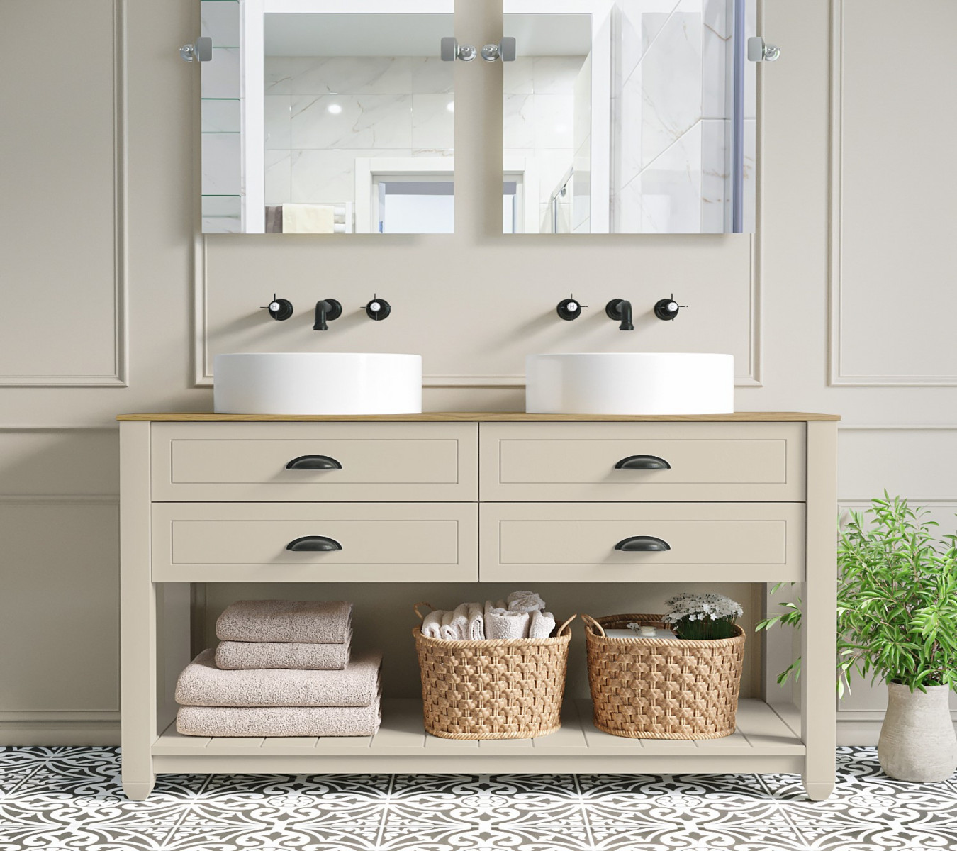 mm Beige Traditional Freestanding Vanity Unit with Wood Effect Top and  Black Handles - Kentmere
