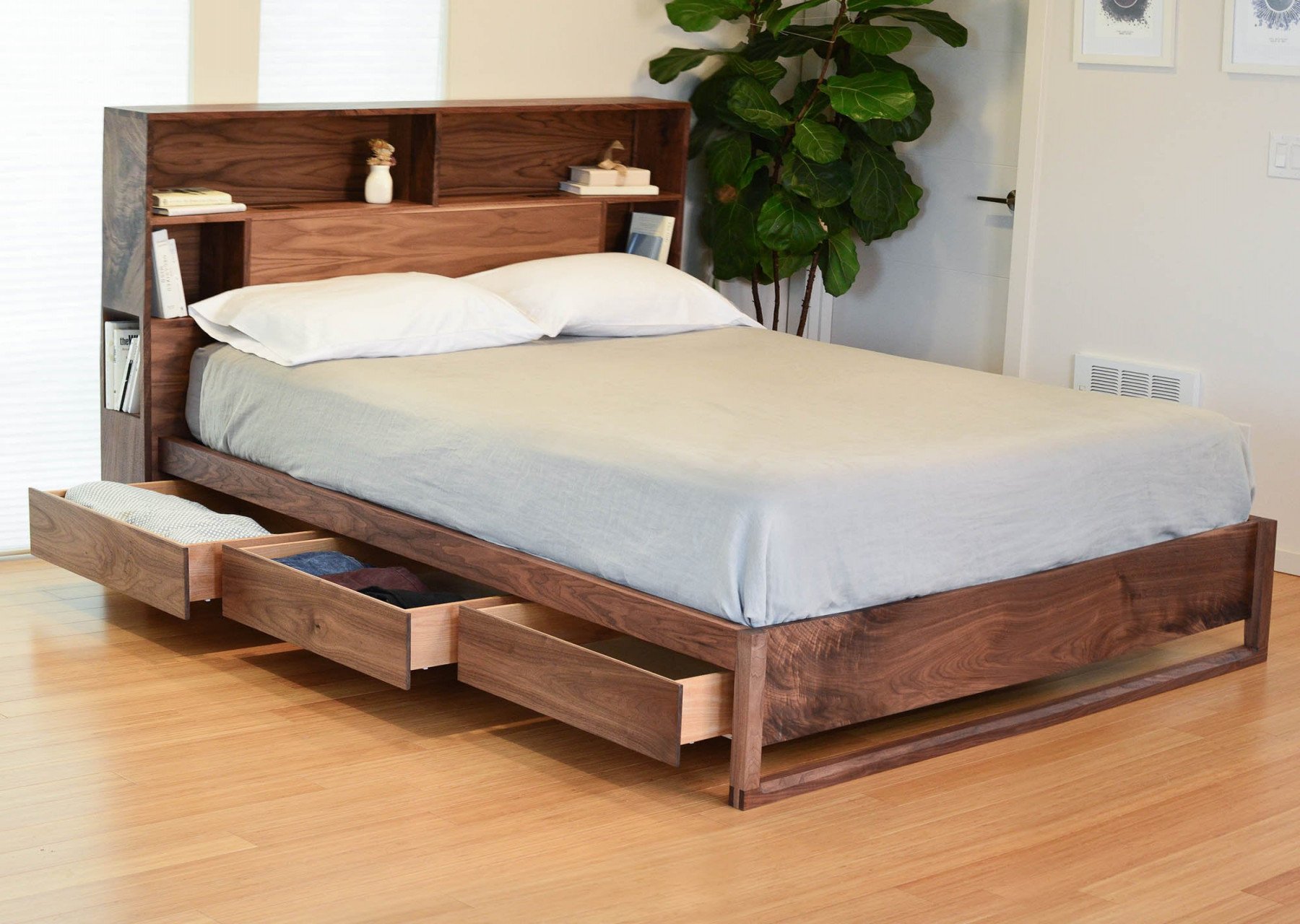 Modern Bed with headboard storage and charging Bed with - Etsy