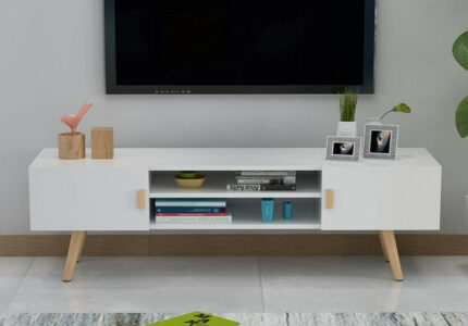 Modern Studio TV Stand Home TV Media Console with Side Cabinet Doors and  Open Storage Shelf-Center Compartments Console Storage Table Furniture TV