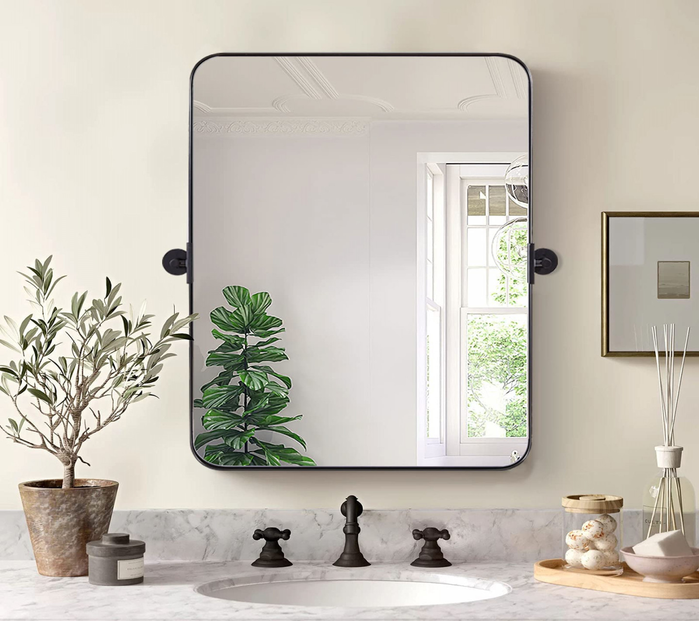 MOON MIRROR " x " Black Metal Framed Pivot Rectangle Bathroom Mirror,  Tilting Rounded Rectangular Vanity Mirror for Wall Mounted Hangs Vertical