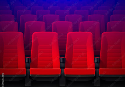 Movie theater with rows of red empty chairs and spotlight, cinema