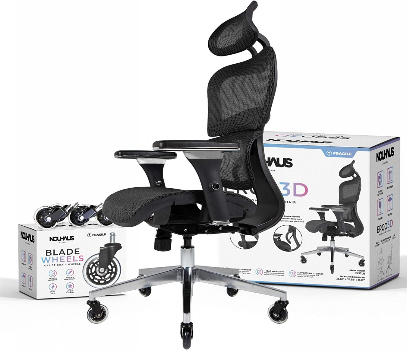 Nouhaus Laser NHO-BL ErgoD Th-rsuting Office Disability Roller Desk D  Adjustable Armrest, D Suction Cup Wheels, Mesh Computer, Gaming,