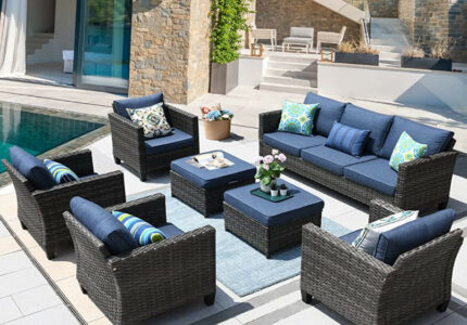 ovios Patio Furniture Set  PCS High Back Sofa Outdoor Conversation Sets  All Weather Wicker Rattan Sectional Sofa Set Couch and Chairs Garden  Backyard