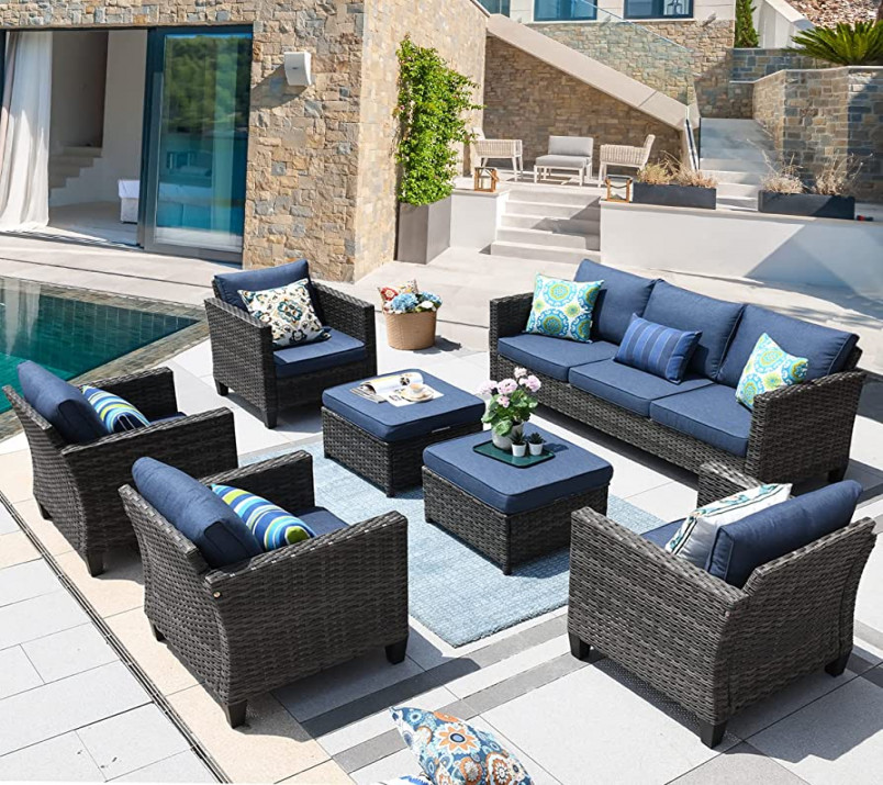ovios Patio Furniture Set  PCS High Back Sofa Outdoor Conversation Sets  All Weather Wicker Rattan Sectional Sofa Set Couch and Chairs Garden  Backyard