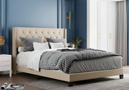 Queen Size Upholstered Platform Bed with Headboard, Box Spring Needed,  Beige Linen Fabric