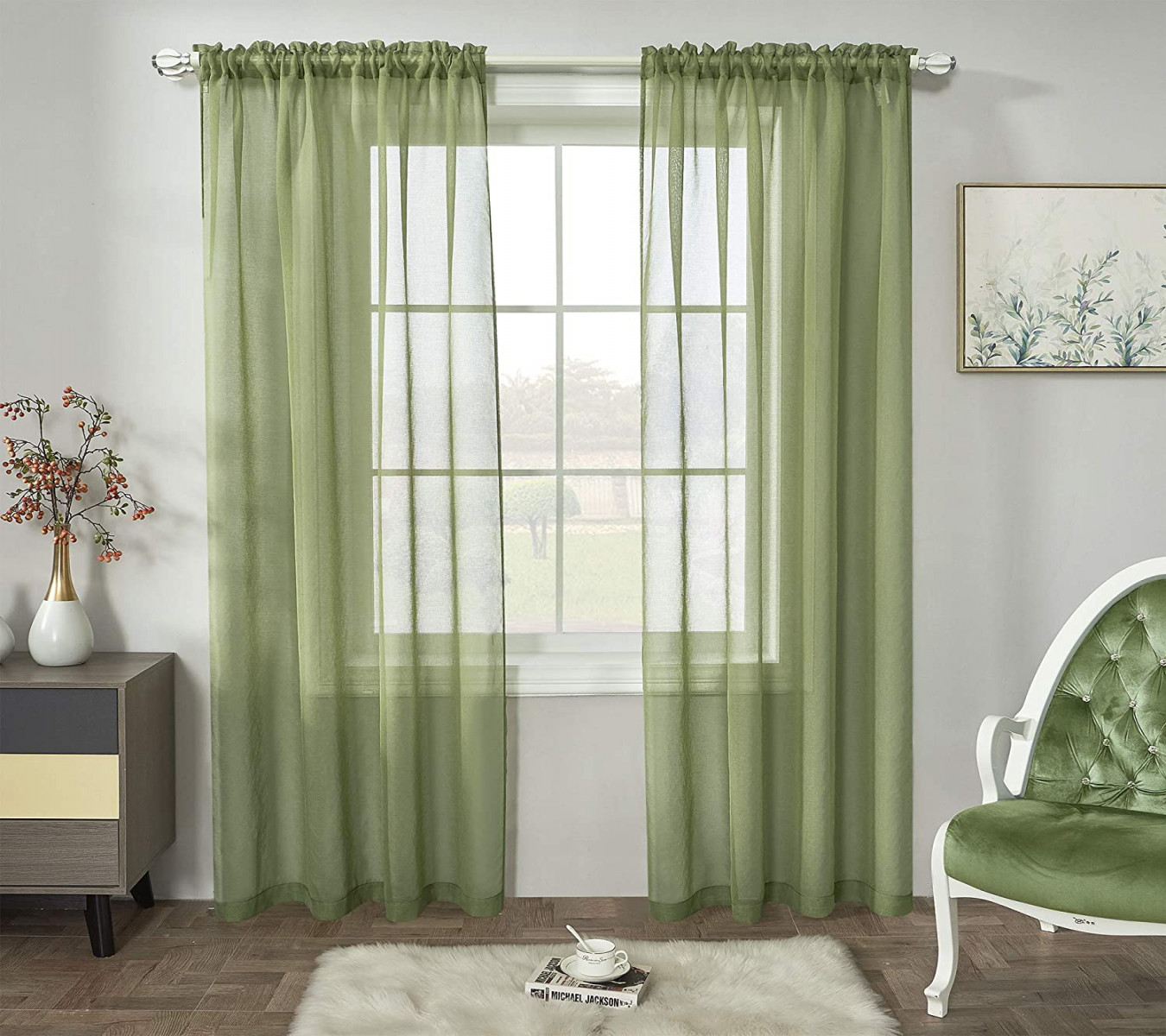 RAIN CITY Sage Green Semi Transparent Curtains Faux Linen Sheer Curtains  " Length with Rod Pocket for Living Room Girls Nursery Bedroom  Panels