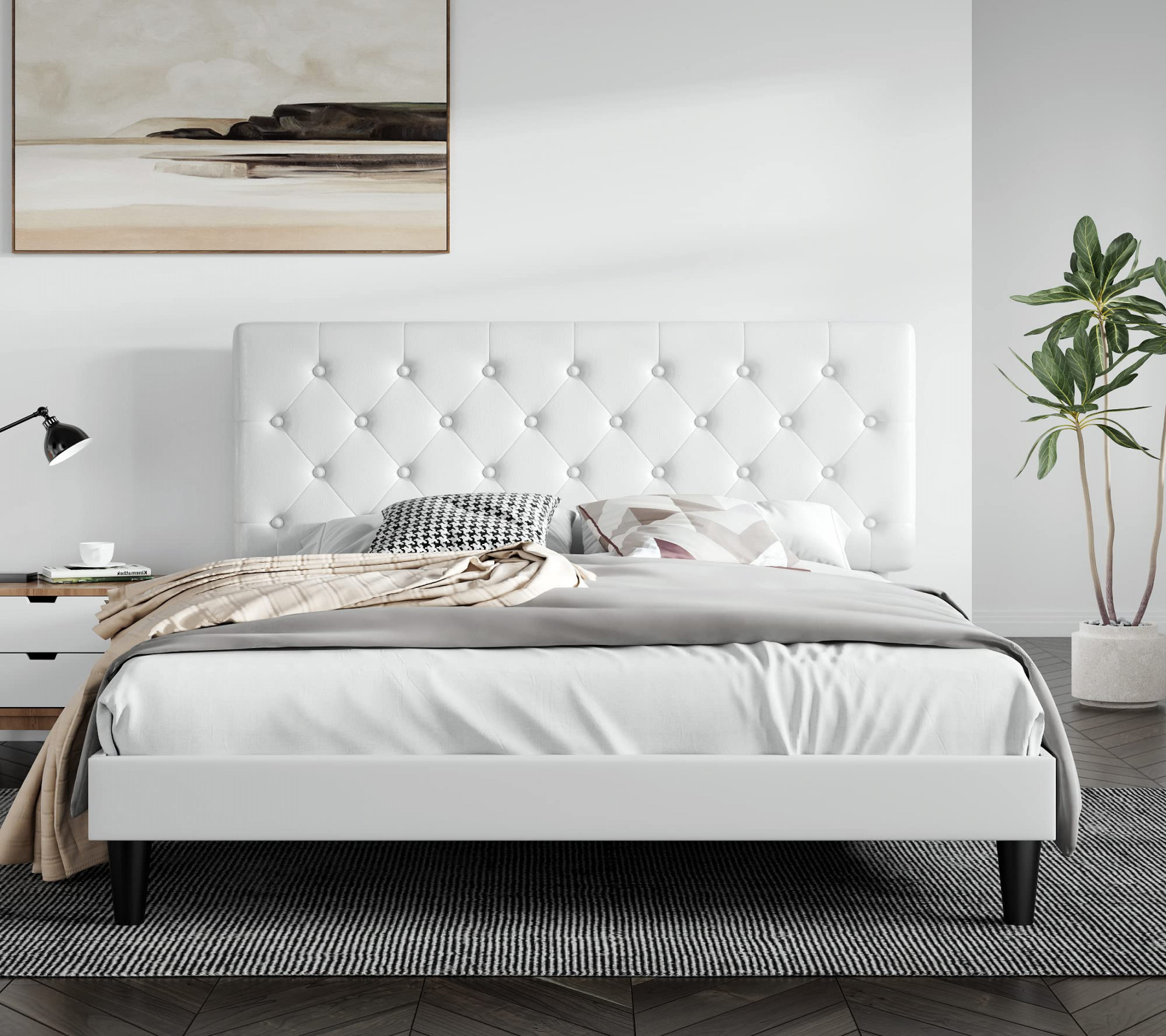SHA CERLIN Full Size Bed Frame with Button Tufted Headboard, Faux Leather  Upholstered Mattress Foundation, Platform Bed Frame, Wooden Slat Support,  No