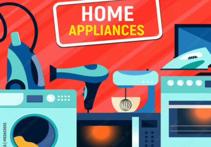 Shop, sale banner design with flat style home appliances, vector