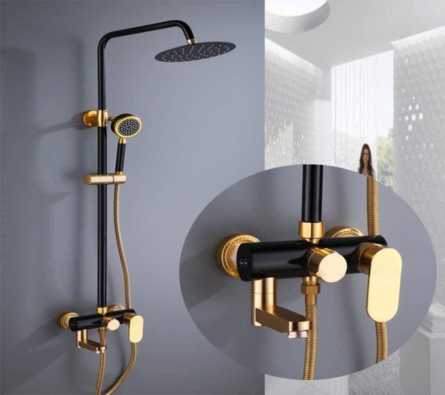Shower Modern Space Aluminium Black Gold Bathroom Shower Set Hand Shower  System European -Function Push Tap Antique Booster Nozzle Round Top Spray