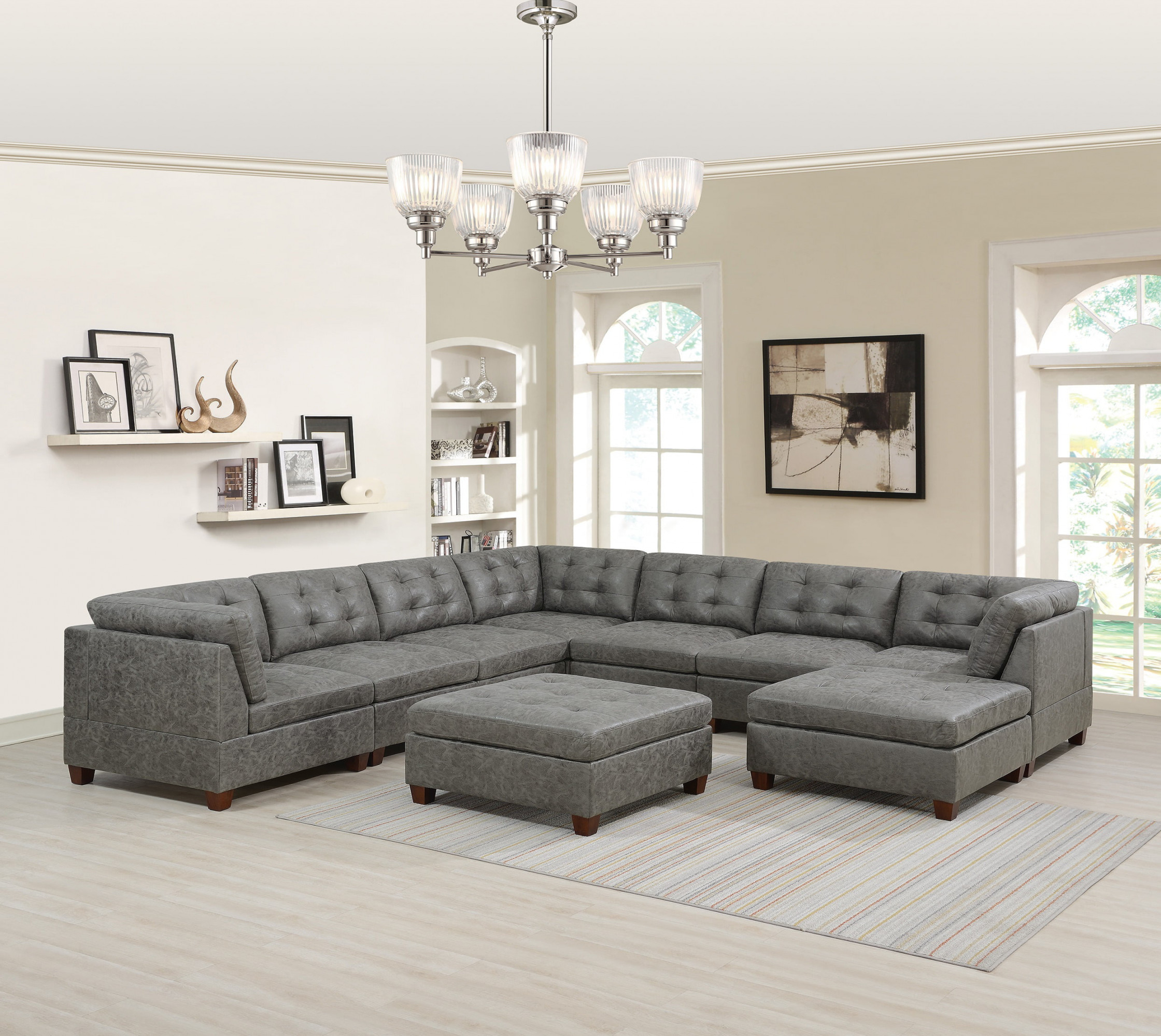 Simple Modern Leatherette Antique Grey Sectional pcs Set Living Room  Furniture set Corner Wedge Ottoman