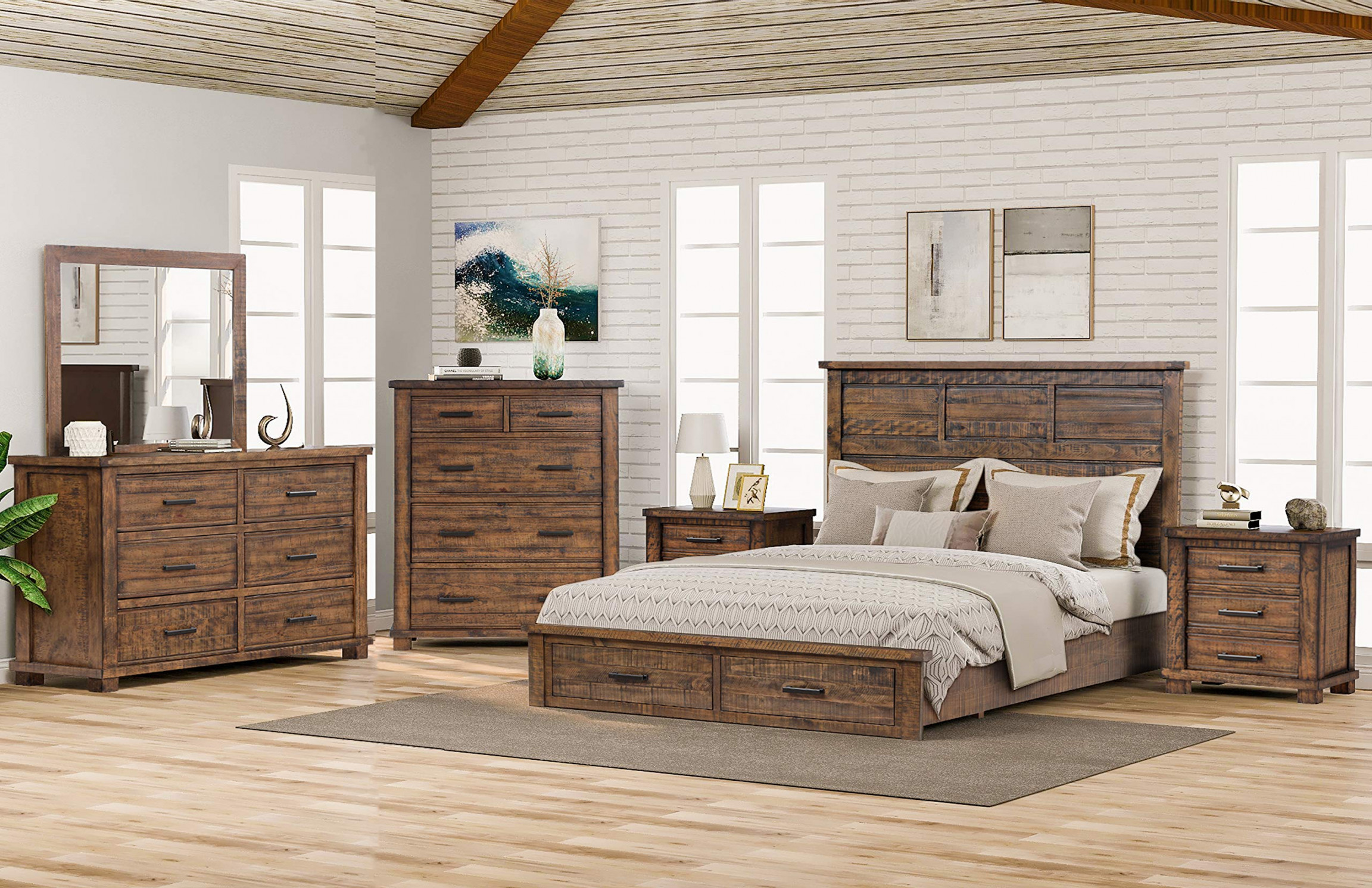 SOFTSEA Farmhouse -Piece Bedroom Furniture Sets, Wood Queen Bedroom  Furniture Set Include Solid Pine Wood Storage Bed,  Nightstands, -Drawer