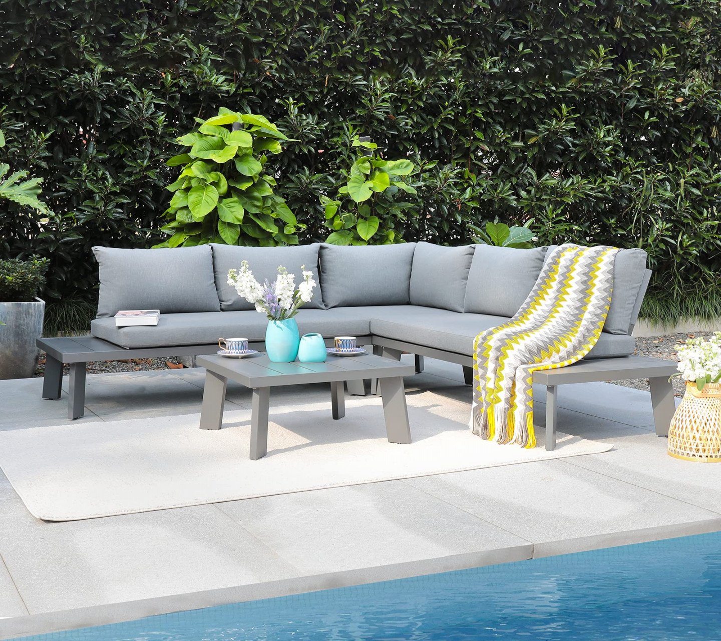 Soleil Jardin -Piece Outdoor Patio Furniture Set L-Shaped Aluminum  Sectional Sofa with Coffee Table All-Weather Patio Conversation Set with  Cushions,