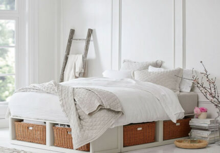 Stratton Storage Platform Bed with Baskets  Wooden Beds  Pottery