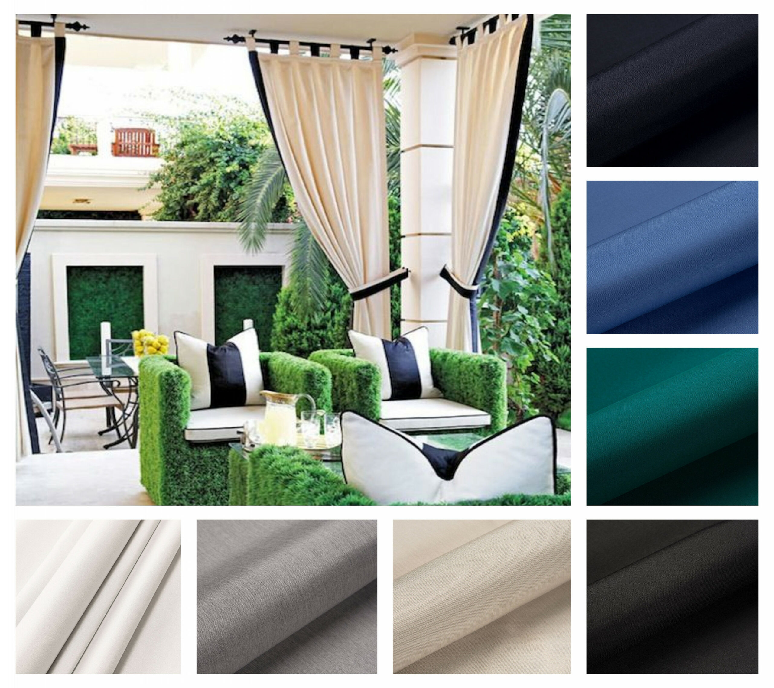Sunbrella Custom Outdoor Drapes with band detail and Tie back