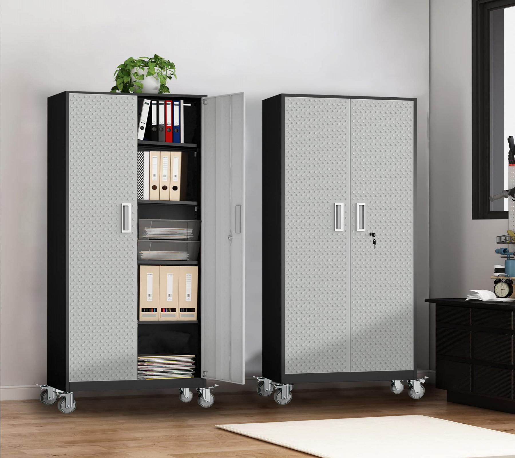 Tall Metal Garage Storage Cabinet, " Tool Storage Cabinet Utility Locker  with Wheels, Adjustable Shelves & Locking Doors- Pantry Cabinets for