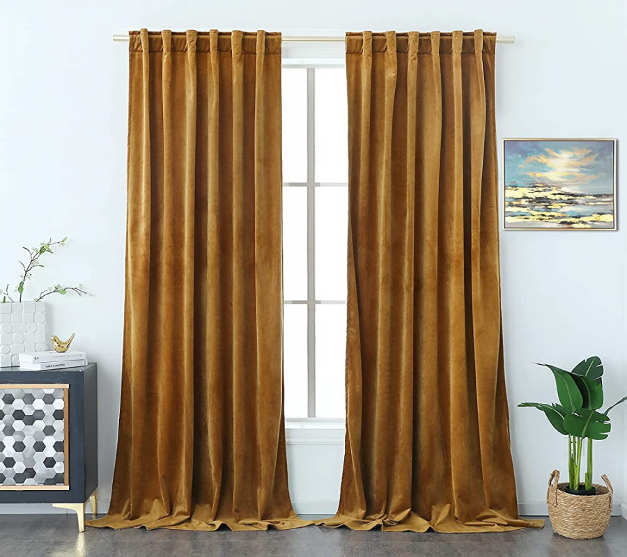 Timeper Velvet Curtains  Inch - Retro Heavy Gold Curtains with Rod Pocket  on Back, Light Blocking Home Decoration for French Door/Children