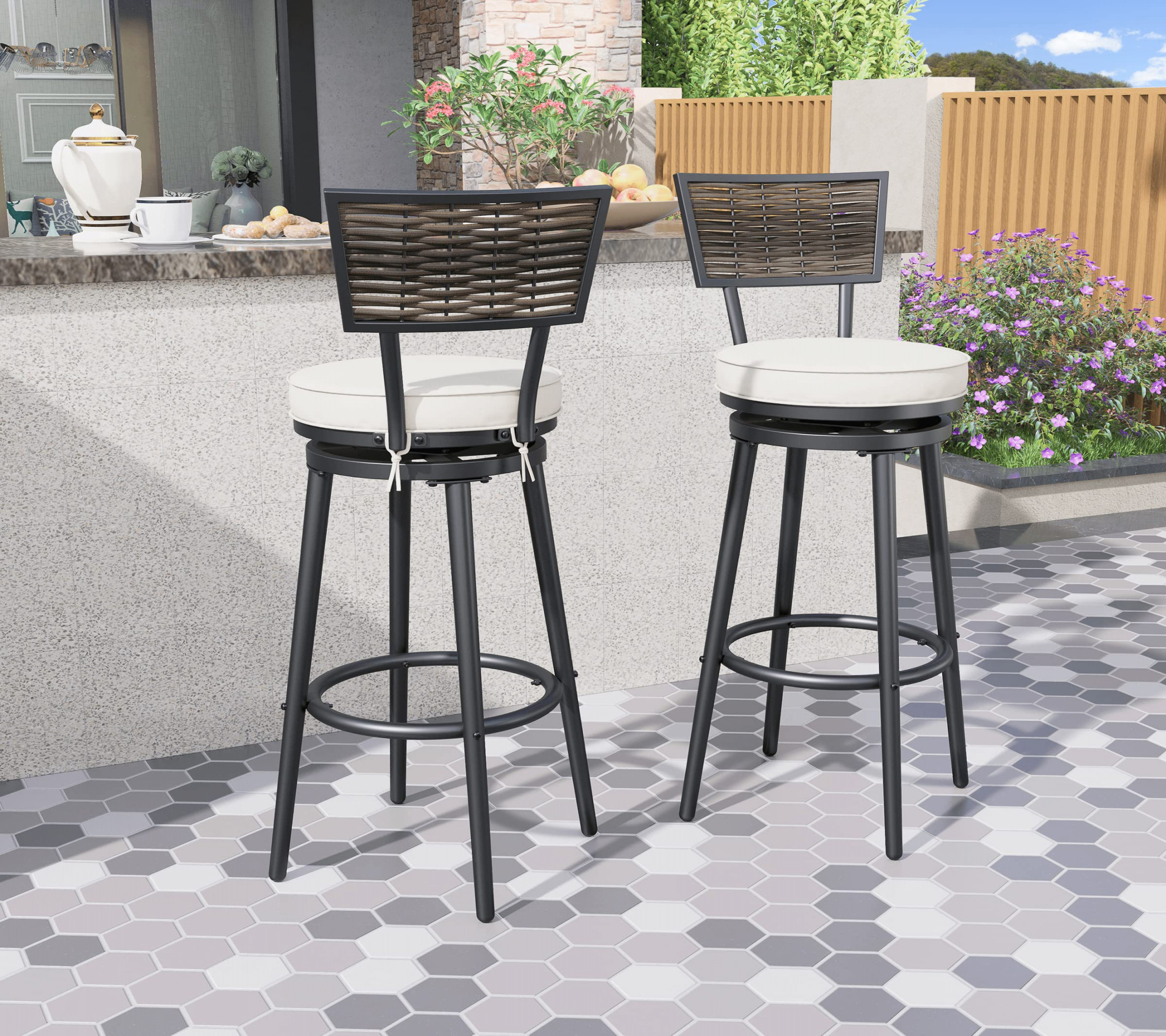 TOP HOME SPACE Patio Swivel Bar Stools Set of , Outdoor Bar Height Chairs  Metal All Weather Garden Furniture Armless Chair with Rattan Back for Deck