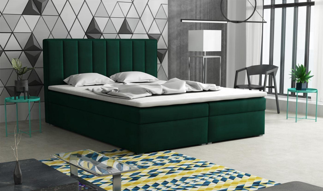 WFL GROUP Box Spring Bed - Green Upholstered Bed with Bed Box
