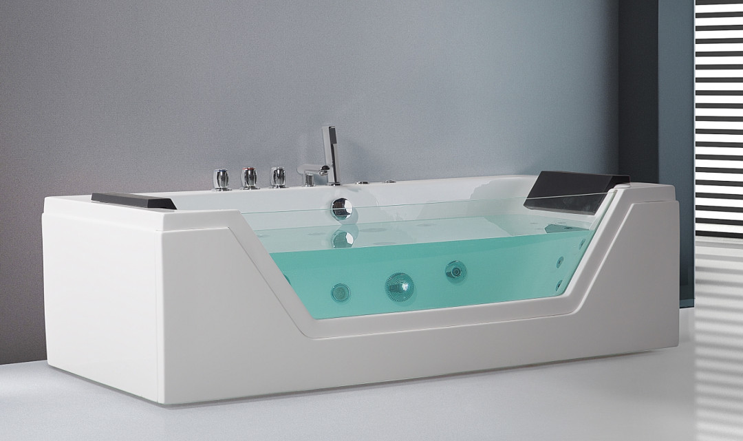 Whirlpool Bath Tub Samurai WHITE in  sizes with  Massage Jets + Glass +  LED lightening Spa for your bathroom
