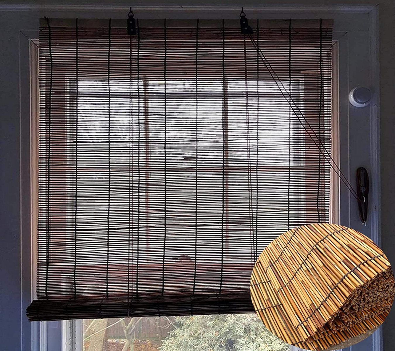 WJ Sun Protection Roller Blinds, Bamboo Blinds for Indoor and Outdoor Use,  Roll-Up Curtains with Lifters (Size:  x  cm/ x  inches)