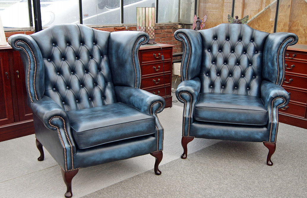 x Chesterfield Scroll Wing chairs antique blue leather, English